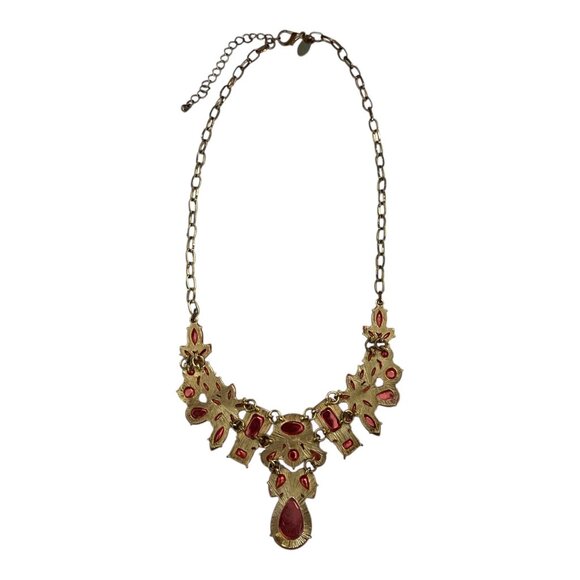Coldwater Creek Coral Statement Bib Necklace Gold Tone Chain Signed C - Picture 3 of 5